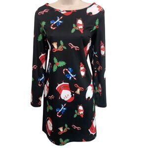 Christmas Dress Side Pockets Long Sleeve Black Background with Fun Holiday Print